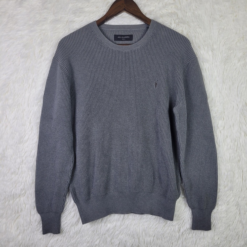 All Saints Mens Small Gray Trias Crewneck‎ Heavy Sweater Waffle Knit